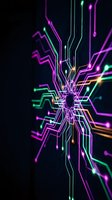 Futuristic neon circuit board with glowing purple and green pathways on dark background for technology and digital innovation concepts.