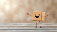 Happy cardboard box character with cute smiling face and arms raised in joyful gesture standing on wooden surface against soft blurred background.