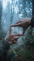 Hands forming frame gesture in misty forest capturing creative vision and perspective for photography composition and artistic exploration.
