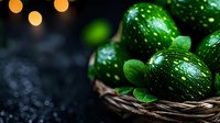 Fresh ripe green cucumbers with water drops in rustic woven basket on dark background with bokeh lights, macro food photography for healthy eating.