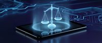 Digital justice scales hologram emerging from tablet screen with glowing blue circuit patterns for legal technology and law firm innovation concepts.