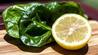 Fresh spinach leaves with lemon half on wooden cutting board for healthy cooking and nutrition concepts in kitchen preparation.