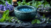 Spa wellness concept with blue bath salt in stone bowl surrounded by fresh lavender flowers and mint leaves on dark rustic background, perfect for aromatherapy and relaxation.
