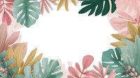 Tropical leaves frame in pastel colors with monstera, palm and exotic foliage creating border on white background.