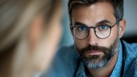 Confident mature bearded businessman with stylish glasses in blue shirt during office meeting discussion, professional corporate portrait with blurred background.