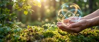 Hands holding glowing atom symbol in forest representing renewable energy, environmental science and sustainable technology innovation in nature.
