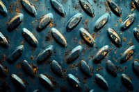 Fresh mussels arranged in diagonal pattern on dark blue background with scattered spices and herbs, dramatic lighting creates moody food photography.