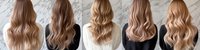 Blonde wavy hair transformation showing different shades and styling techniques from back view, demonstrating professional hairstyling results on light hair.