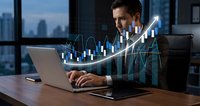 Professional businessman analyzing financial data with digital growth chart overlay on laptop in modern office environment for business success presentations.