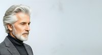 Mature man with gray hair and beard wearing dark blazer and turtleneck, isolated on white background for corporate, business, and professional design projects.