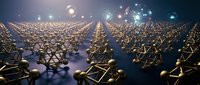Golden molecular structures and atoms floating in deep blue space with glowing light particles, representing science, technology, nanotechnology, and digital innovation for research and education.