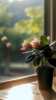 Delicate pink magnolia flowers in dark pot on windowsill with soft natural sunlight creating atmospheric mood, green foliage and blurred background garden view.