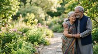 Senior couple embracing on garden path surrounded by blooming flowers and lush greenery, depicting love, togetherness and retirement lifestyle moments.