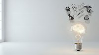 Glowing light bulb with floating veterinary icons including stethoscope, paw print, syringe and medical symbols on clean white background.