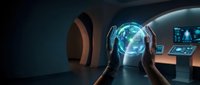 Futuristic holographic brain interface with glowing neural network visualization, hands interacting with digital technology in advanced laboratory or control room setting.
