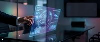 Businessman hand touching holographic data analytics display with glowing charts and graphs for business intelligence and financial reporting.