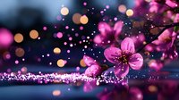 Magical pink cherry blossom with glowing bokeh lights and sparkles against dark blue background, creating dreamy spring atmosphere for romantic designs.