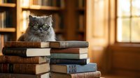 Adorable fluffy gray kitten with glasses sitting on stack of vintage books in cozy library setting with warm lighting and wooden shelves background.