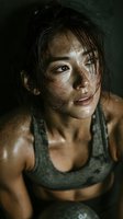 Sweaty Asian woman athlete after intense workout session with wet hair and sports bra showing determination and fitness dedication in dark moody lighting.