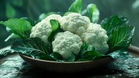 Fresh organic cauliflower heads with green leaves on rustic plate against dark background, healthy vegetable macro photography for cooking and nutrition.