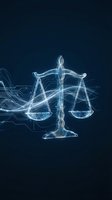 Digital justice scales hologram with circuit patterns on dark blue background representing legal technology, law firm innovation and judicial system modernization.