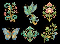 Ornamental floral and fauna design elements featuring decorative birds, butterflies, and botanical motifs in vibrant colors. Isolated on transparent background, ready for t-shirts, clipart, stickers, sublimation, and print-on-demand projects.
