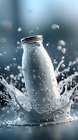 Glass milk bottle with dynamic splash and droplets on blue background for dairy product advertising and healthy lifestyle campaigns.