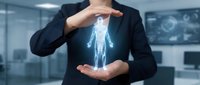 Businesswoman in dark blazer holding glowing digital human figure between hands in modern office, representing AI technology, innovation, and digital transformation for corporate solutions.