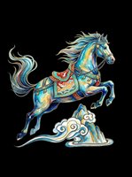 Ornate horse with flowing mane and tail in blue and gold tones, isolated on transparent background. Ready for t-shirts, stickers, clipart, sublimation and print-on-demand designs.