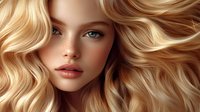 Young Caucasian woman with wavy blonde hair, blue eyes and natural makeup in soft lighting. Flowing golden locks frame feminine features creating romantic beauty portrait.
