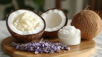 Fresh coconut halves with white flesh and coconut oil in jar on wooden board with lavender sprigs, perfect for natural skincare products.