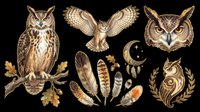 Owl collection featuring perched and flying birds with feathers, moons, and botanical elements isolated on transparent background. Ready for t-shirt design, clipart, stickers, sublimation, and print-on-demand projects.