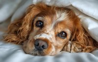 Adorable cocker spaniel dog with soulful eyes resting under white blanket, looking at camera with sweet expression. Perfect for pet care or animal companionship concepts.