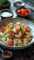 Fresh shrimp with gnocchi pasta garnished with parsley, cherry tomatoes and red pepper flakes served in ceramic bowl. Elegant seafood dish with selective focus.