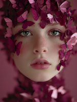 Green-eyed woman with freckles surrounded by pink and magenta butterflies against pink background, creating dreamy artistic portrait.