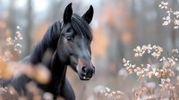 Black horse portrait in dreamy autumn setting with soft bokeh effect and delicate white flowers, showcasing noble profile against blurred natural background.