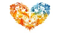 Decorative heart shape formed by vibrant watercolor floral elements in orange and blue gradient colors with ornate swirls and flourishes on white background.