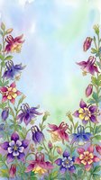 Watercolor columbine flowers in purple, pink and blue frame a soft pastel background, perfect for greeting cards and spring designs.