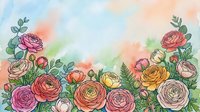 Watercolor ranunculus flowers border with soft pastel background. Floral frame with colorful blooms and green leaves for spring designs and decorations.