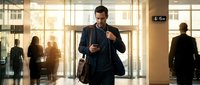Professional businessman using smartphone while walking through modern office lobby with glass windows and blurred colleagues in background during golden hour.