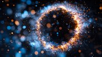 Glowing cosmic ring with orange and blue particles against dark space background, creating magical portal effect with sparkling bokeh lights and stardust.