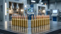 Brass ammunition cartridges arranged on metal surface in modern manufacturing facility with industrial equipment and lighting in background.