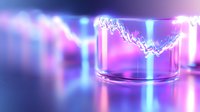 Glowing electric discharge in glass tube with purple and blue neon colors against dark background, scientific laboratory experiment visualization.