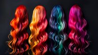 Vibrant wavy hair wigs in neon colors - red, yellow, blue and pink - arranged in row on dark background. Professional hair coloring and styling concept.