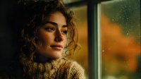 Young woman with curly hair in cozy sweater looking thoughtfully through rain-covered window with warm autumn lights creating atmospheric mood for lifestyle content.