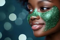 Young African American woman with glittering green cosmetic mask on cheeks, smiling against dark bokeh background, showcasing beauty and skincare concept.
