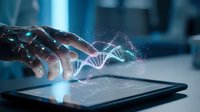 Futuristic robotic hand touching digital tablet with glowing DNA helix and data particles. Advanced technology, artificial intelligence and genetic research concept.