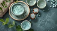 Relaxing spa composition with blue clay face mask in ceramic bowls and aromatic candles on dark stone background, perfect for wellness and beauty content.