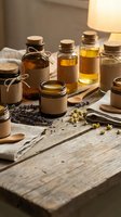 Natural organic skincare products with essential oils and herbs arranged on rustic wooden table for spa wellness and aromatherapy treatments.
