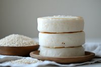 Stack of three artisanal white cheese wheels on wooden plate with sea salt bowl, rustic dairy products for gourmet cooking and culinary presentations.